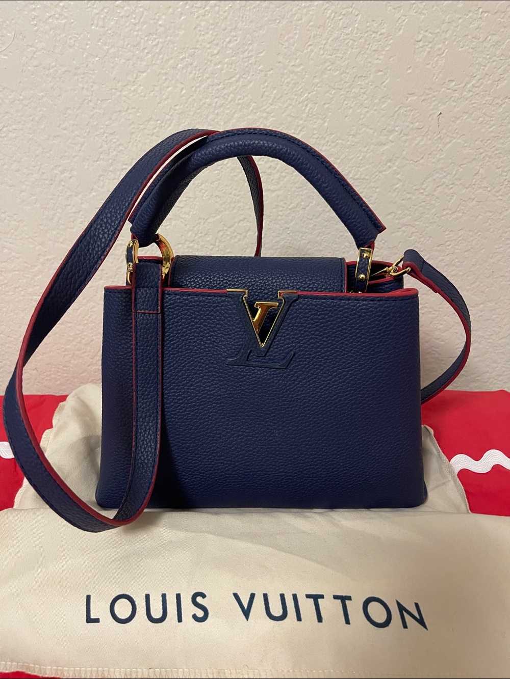 Louis Vuitton Navy Crossbody with Red Trim and Gold Hardware